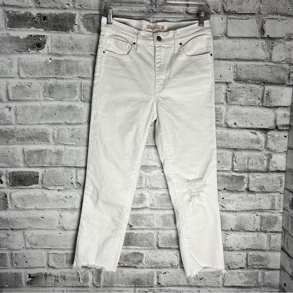 Levi’s 724 High Rise Straight Crop Distressed White Denim Raw Hem Jeans - Picture 1 of 16